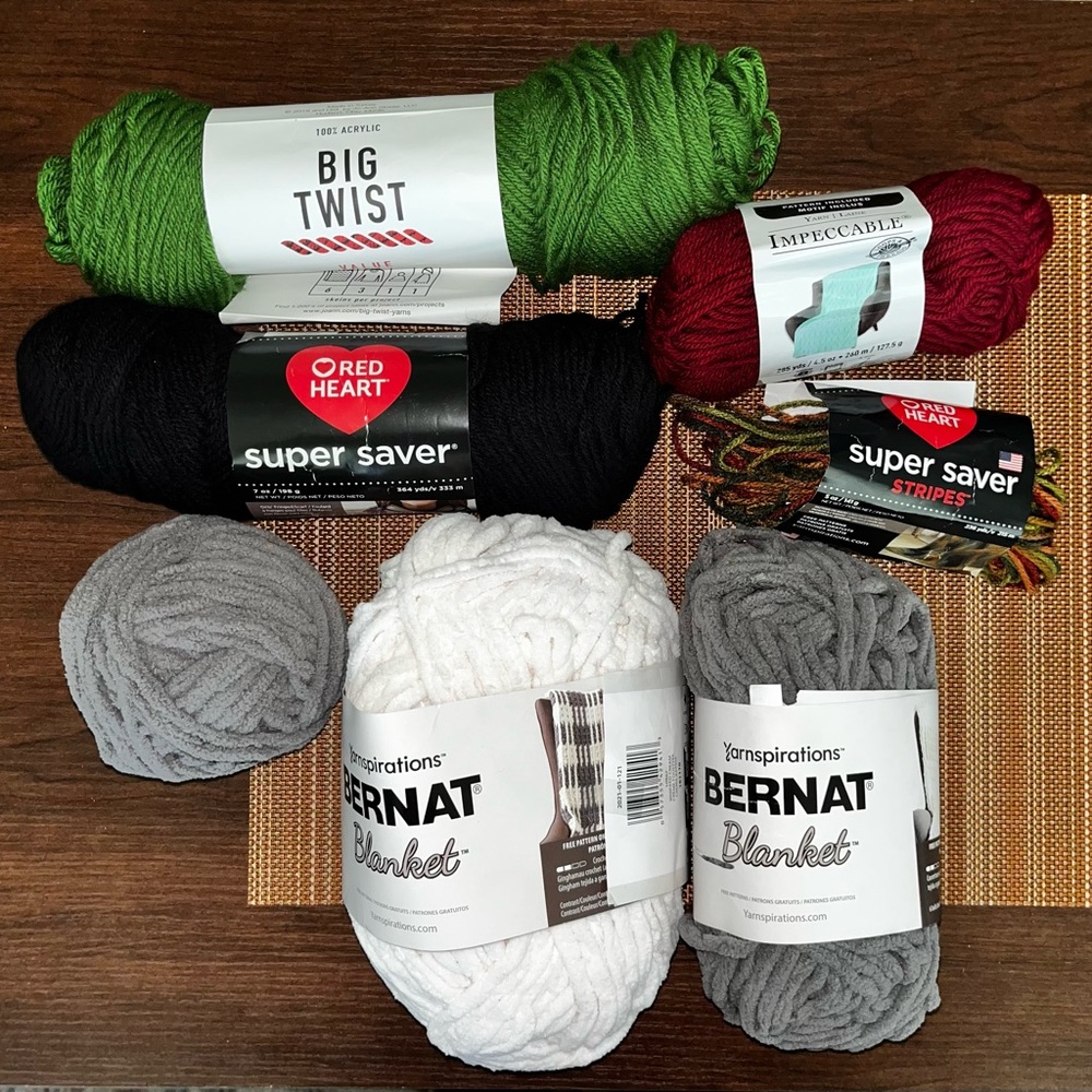 Yarn Bundle with Green, Red, Black, Gray, and White